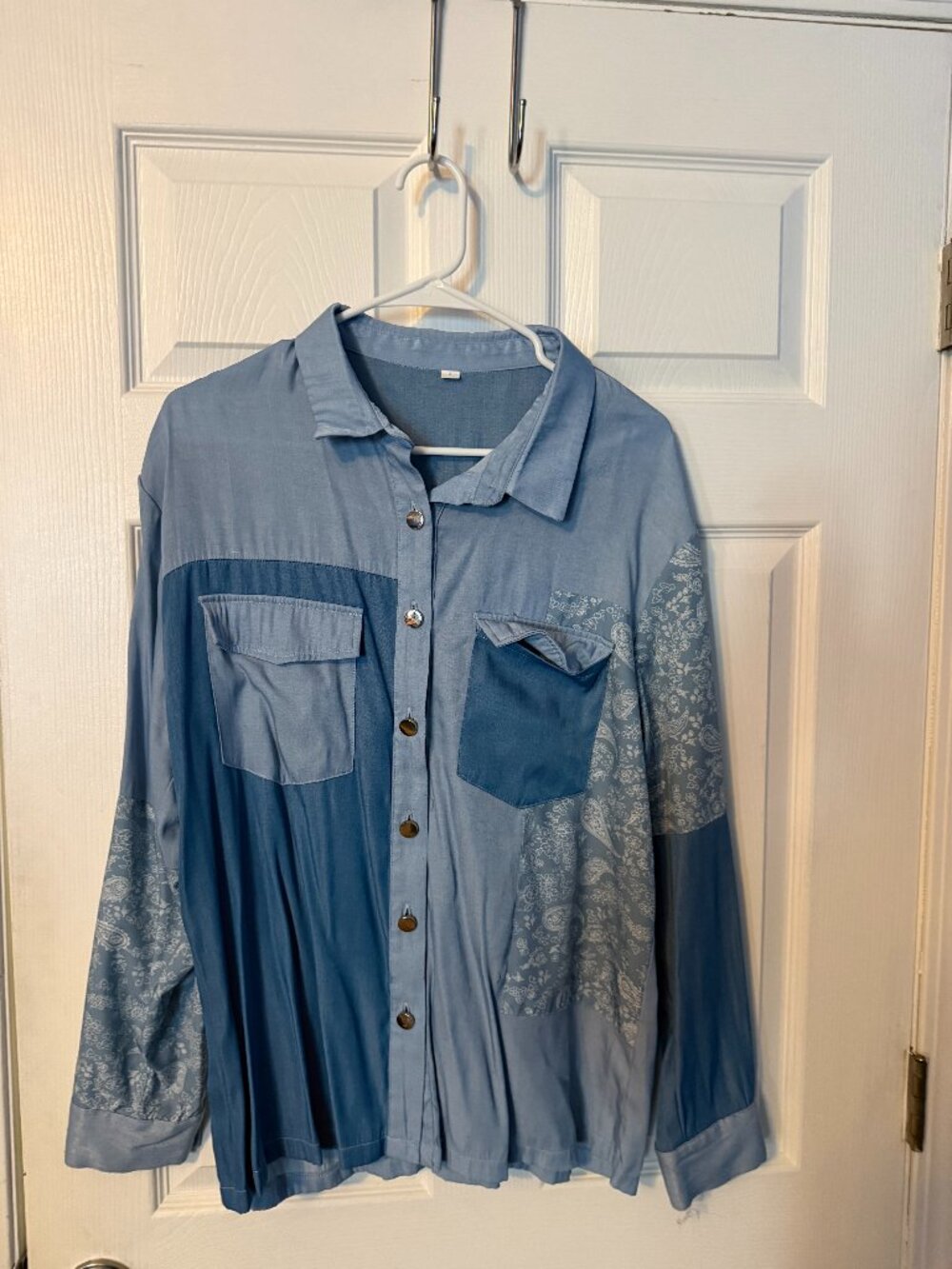 Blue Patchwork button down the front shirt in size L